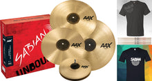 Load image into Gallery viewer, Sabian AAX Promo Cymbal Pack: 14" Hats/16" Thin Crash/21" Ride/Free 18" Thin Crash Shirt & VF Sticks