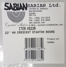 Load image into Gallery viewer, Sabian Crescent 22" Stanton Moore Wide Ride Cymbal +Free T-Shirt, Drumsticks | NEW Authorized Dealer
