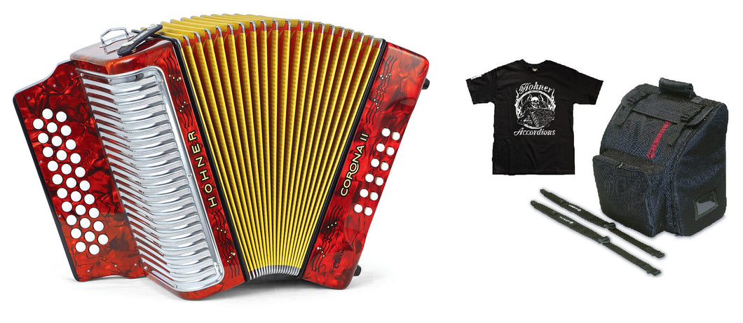 Hohner Corona II Classic FBE/FA Red Rojo Accordion Acordeon +Bag/Straps/Shirt Authorized Dealer