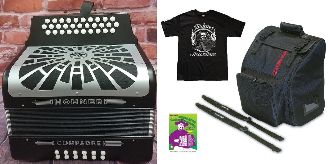 Hohner Compadre GCF Black Accordion SOL Negro Acordeon +Bag_Straps_DVD_Shirt Silver Grill | Authorized Dealer