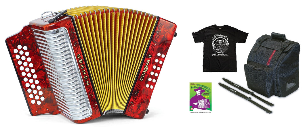 Hohner Corona II Classic GCF Red Rojo Accordion Acordeon +Bag/Straps/Shirt/DVD Dealer