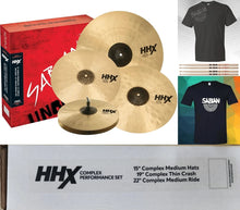 Load image into Gallery viewer, Sabian HHX Complex Promotional Set | Ships Now | 14" Medium Hats/16" &amp; 18" Thin Crashes/20" Medium Ride | Bundle Pack | Made in Canada | Authorized Dealer
