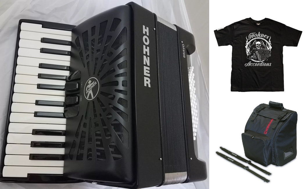 Hohner Bravo II 48 Bass Black Piano Accordion Acordeon +GigBag, Straps, Shirt Authorized Dealer