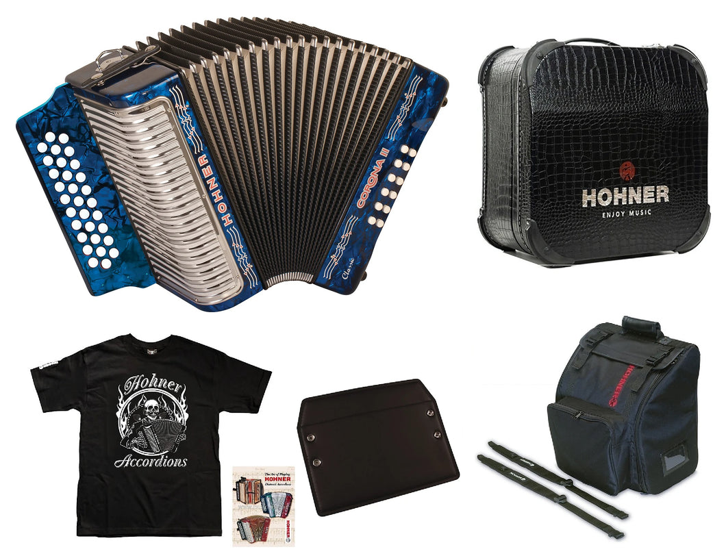 Hohner Corona II Classic FBE Blue Accordion Acordeon +Bag_Straps_BackPad_T-Shirt | Authorized Dealer