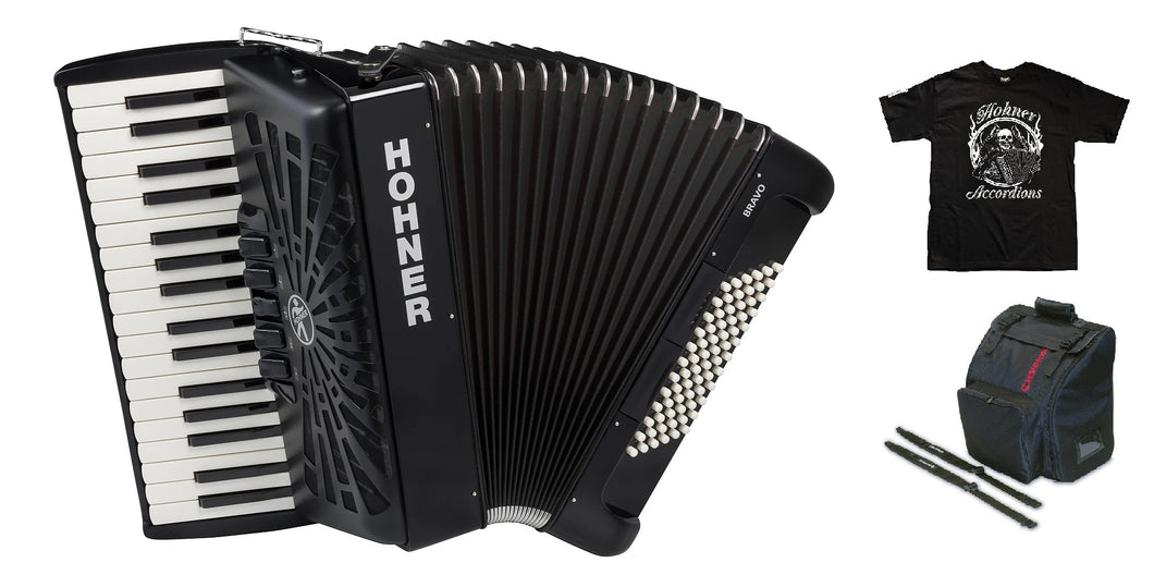 Hohner Bravo III 72 Bass Black Piano Accordion Acordeon +GigBag, Straps, Shirt Authorized Dealer