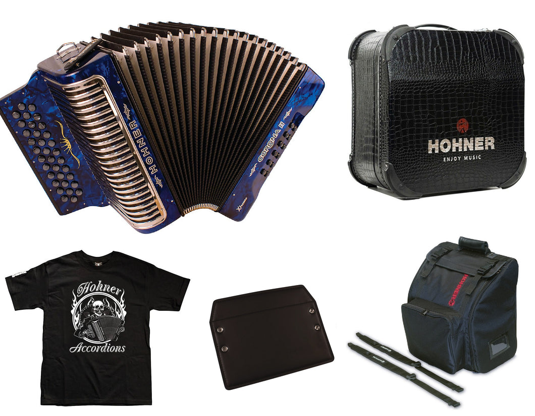 Hohner Corona II Xtreme Accordion EAD Blue Azul +Case, Bag, Straps, BackPad, Shirt Authorized Dealer