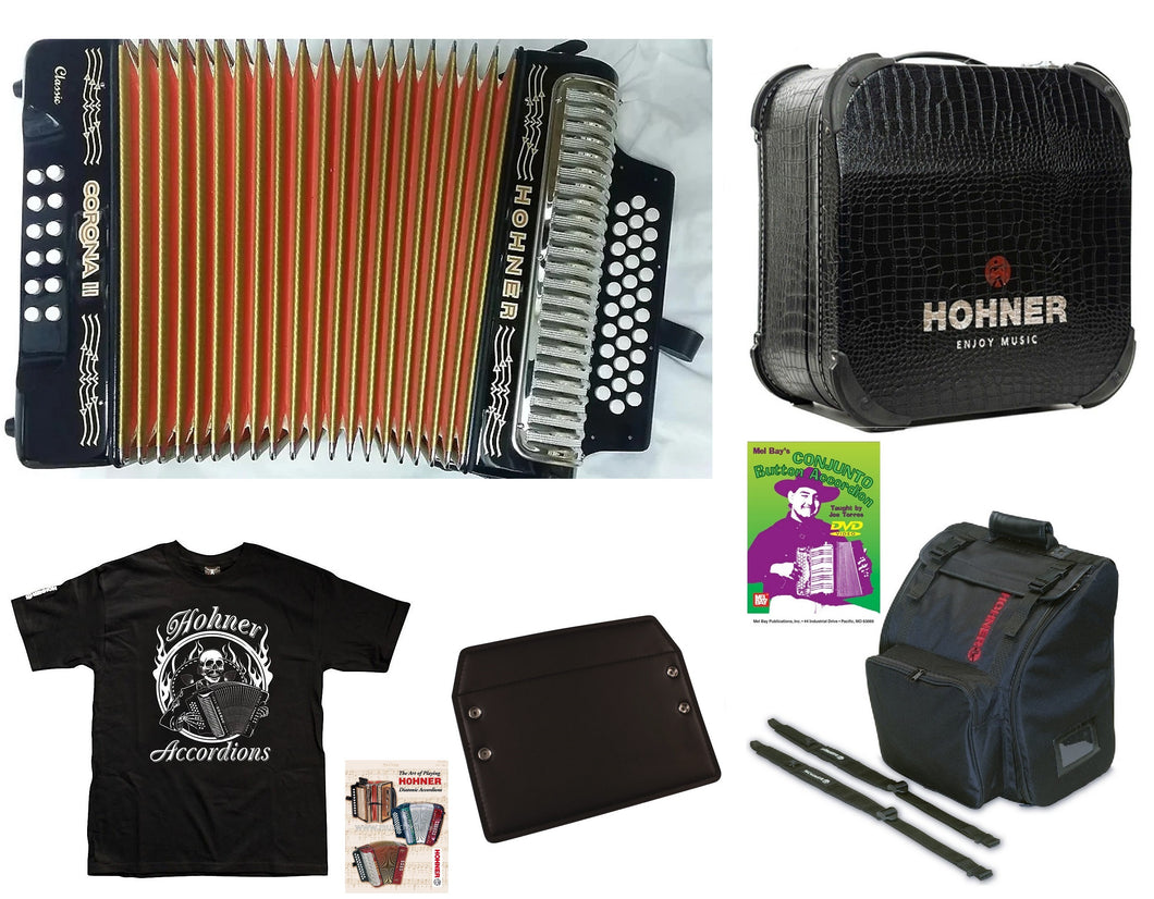 Hohner Corona II Classic GCF/Sol Black Negro Accordion Acordeon +Case,Bag, Strap, Shirt,Pad,DVD,Book