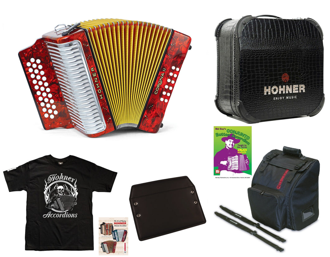 Hohner Corona II Classic GCF Red Rojo Accordion Acordeon +Case,Bag,Straps,Pad, DVD,Book,Shirt Dealer