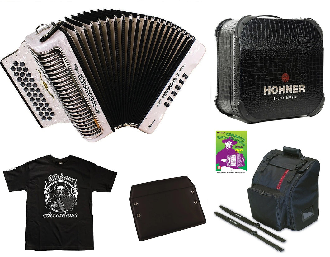 Hohner Xtreme Corona II White GCF/Sol Accordion +Case/GigBag/Straps/DVD/T-Shirt | Authorized Dealer