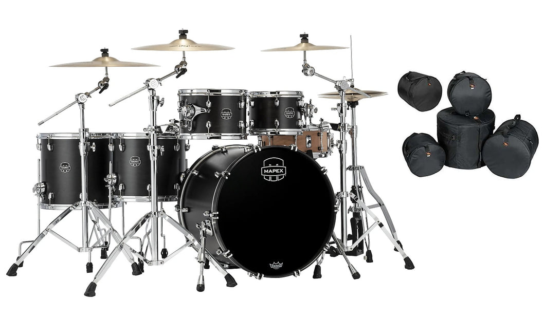 Mapex Saturn Satin Black Studioease Drums 22x18/10x7/12x8/14x12/16x14 Shells +Bags Authorized Dealer