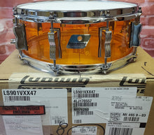 Load image into Gallery viewer, Ludwig Vistalite Amber 5x14&quot; Bowtie Lug Molded Acrylic Snare Drum Acrylic | Made in the USA | Authorized Dealer
