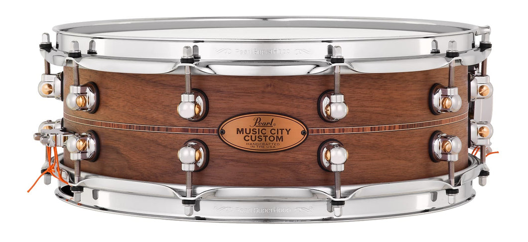 Pearl Music City Custom 14x5 Walnut Solid Shell Snare Nashville Natural Kingwood Center Inlay Drum