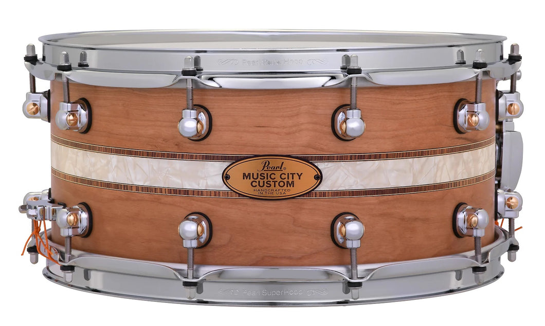 Pearl Music City Custom 14x6.5 Cherry Solid Shell Snare Drum Nashville Duoband Ebony Marine Inlay