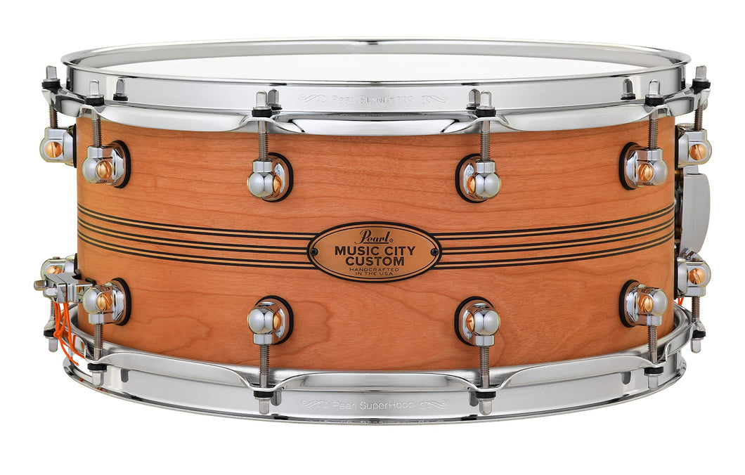 Pearl Music City Custom 14x6.5 Cherry Solid Shell Snare Nashville Natural Boxwood-Rose Triband Inlay
