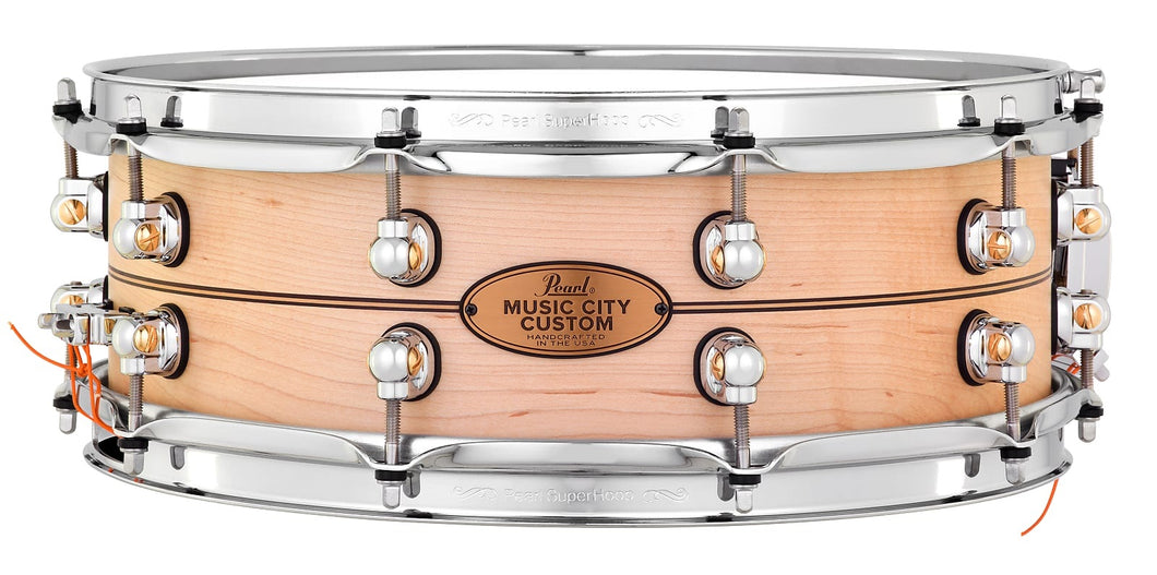 Pearl Music City Custom 14x5 Maple Solid Shell Kit Snare Nashville Natural Boxwood Rose Center Inlay