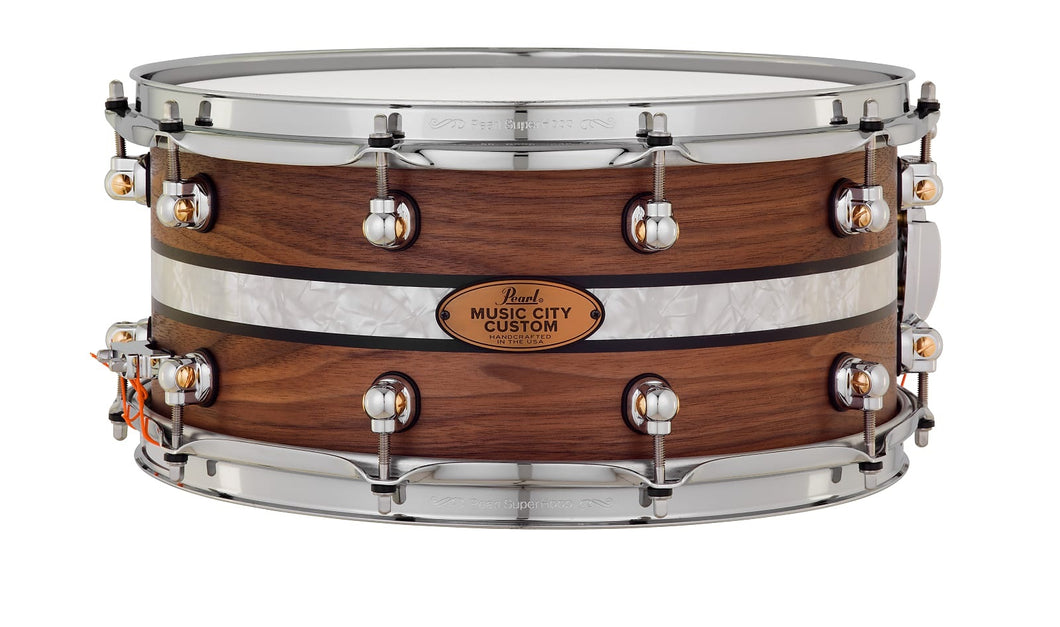 Pearl Music City Custom 14x6.5 Walnut Solid Shell Snare Nashville Natural Duoband Ebony Marine Inlay
