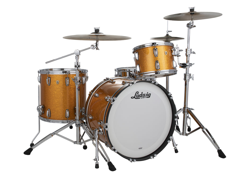 Ludwig Pre-Order Classic Maple Gold Sparkle Downbeat 14x20_8x12_14x14 Drums Made in the USA | Authorized Dealer