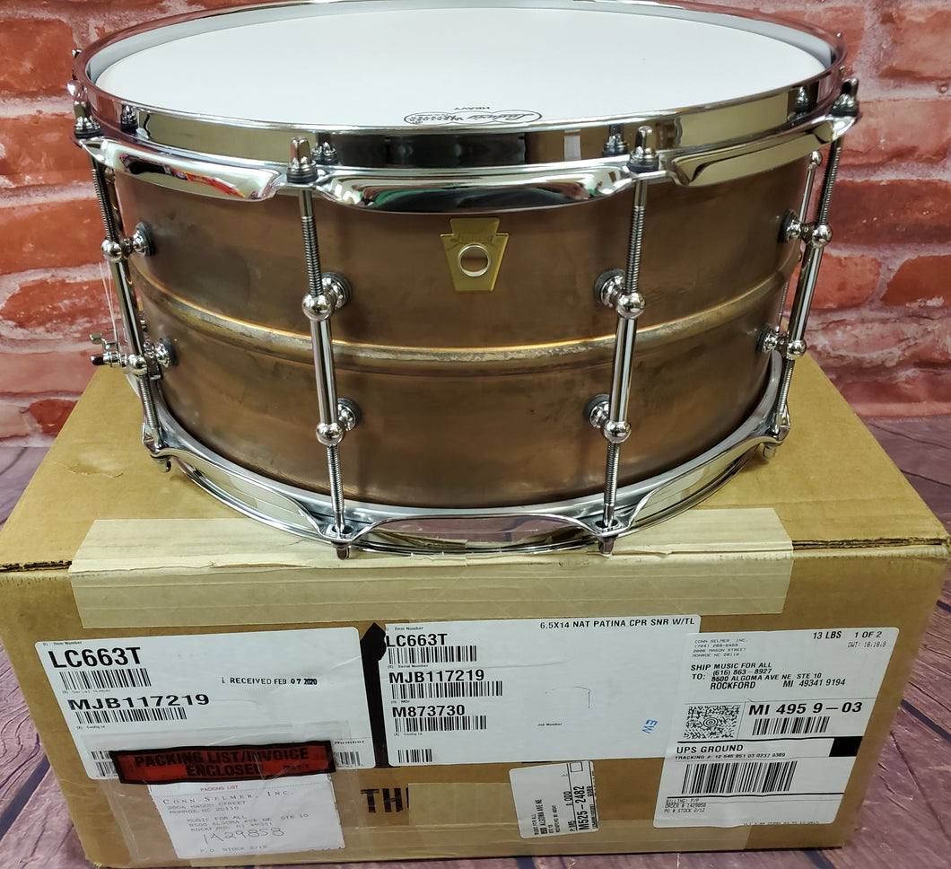Ludwig Copper Phonic 6.5x14 Raw Patina Finish Copper Snare Drum Tube Lugs LC663T Made in the USA | Authorized Dealer