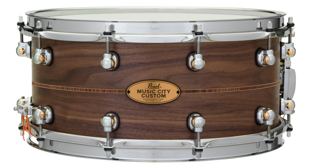 Pearl Music City Custom 14x6.5 Walnut Solid Shell Snare Drum Nashville Finish Kingwood Center Inlay