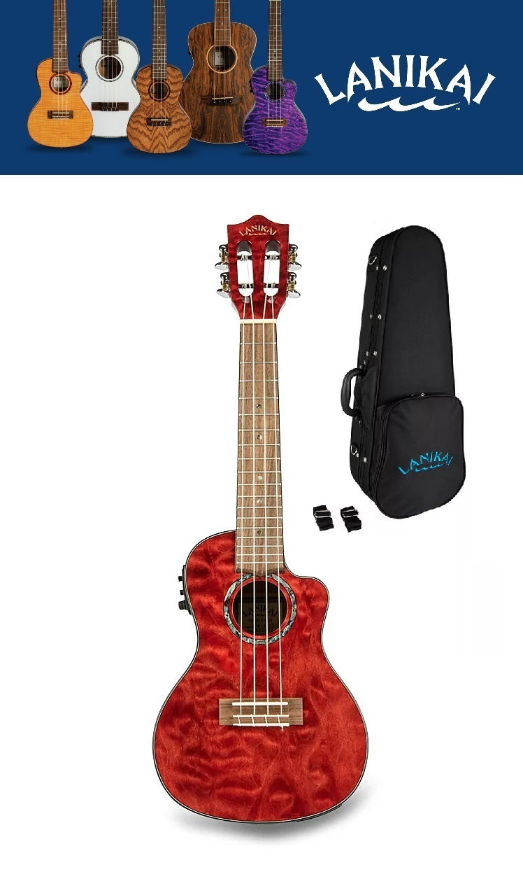 Lanikai Quilted Maple Red Stain Acoustic/Electric Concert Ukulele +Free Case | NEW Authorized Dealer