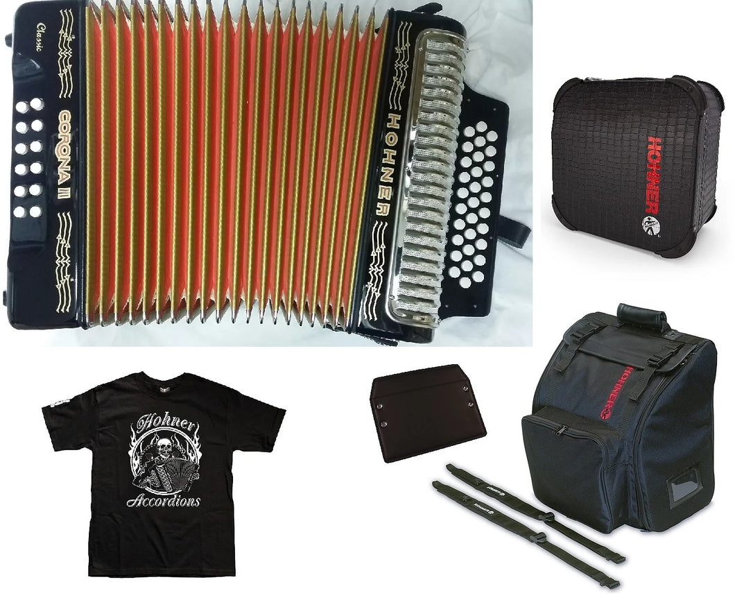 Hohner Corona II Classic FBE/FA Black Accordion +FREE Case,Bag, Pad, Straps,TShirt Authorized Dealer