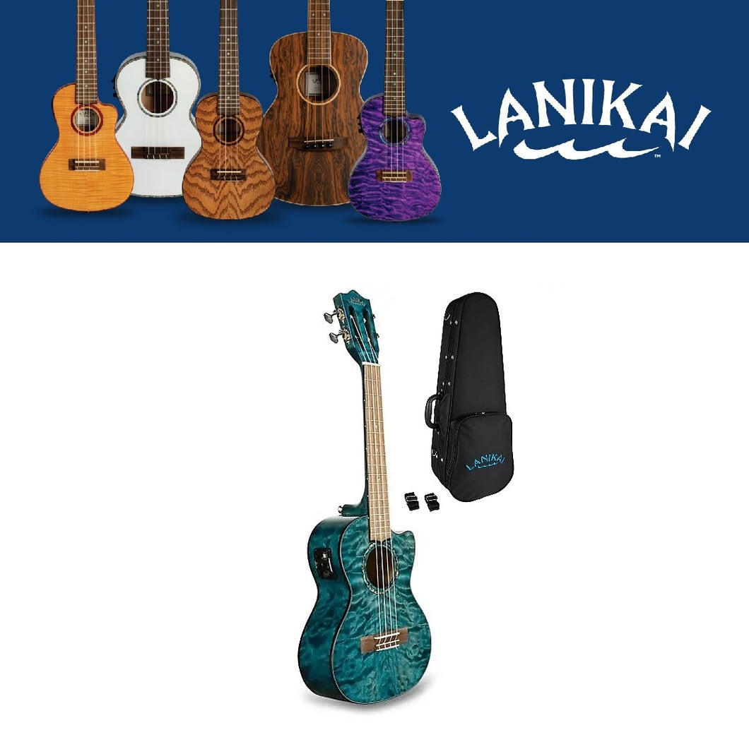 Lanikai Quilted Maple Blue Stain Tenor Acoustic/Electric Concert Ukulele +Case | Authorized Dealer