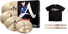 Load image into Gallery viewer, Zildjian A Series Box Set: 14&quot; New Beat Hats/16+18&quot; Medium Thin Crashes/21&quot; Sweet Ride +Shirt/Sticks
