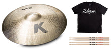Load image into Gallery viewer, Zildjian 21&quot; K Sweet Ride Traditional Finish Cymbal Bundle Pack +Shirt &amp; VF Sticks Authorized Dealer
