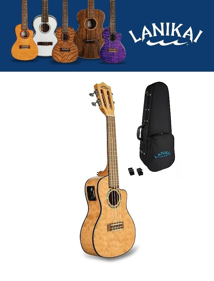 Lanikai Quilted Maple Natural Stain Electric Concert Cutaway Ukulele +FREE Case | Authorized Dealer