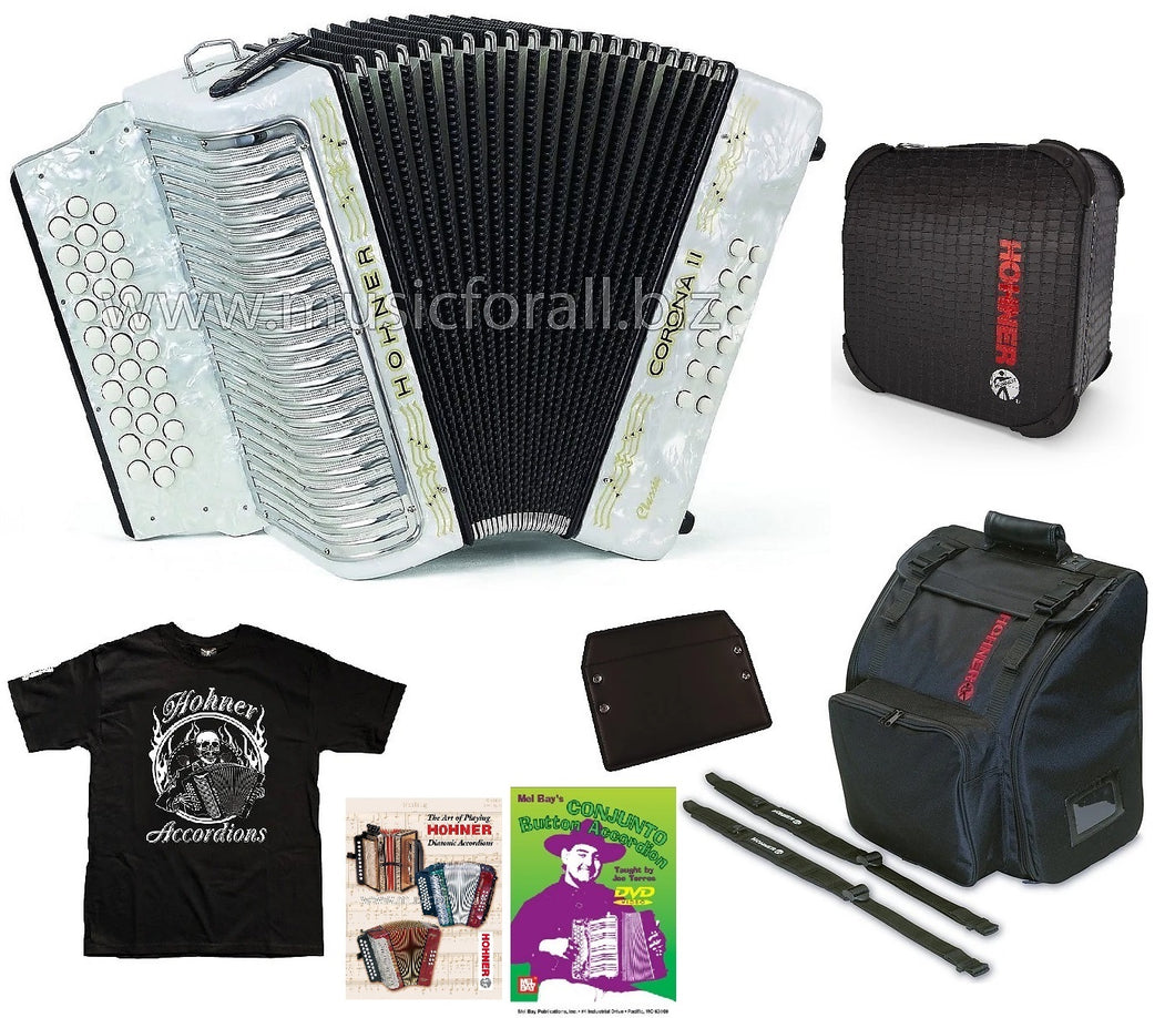 Hohner Corona II Classic GCF/Sol White  Blanca Accordion Acordeon +Case,Bag,Straps,Pad,DVD,Book,Tee