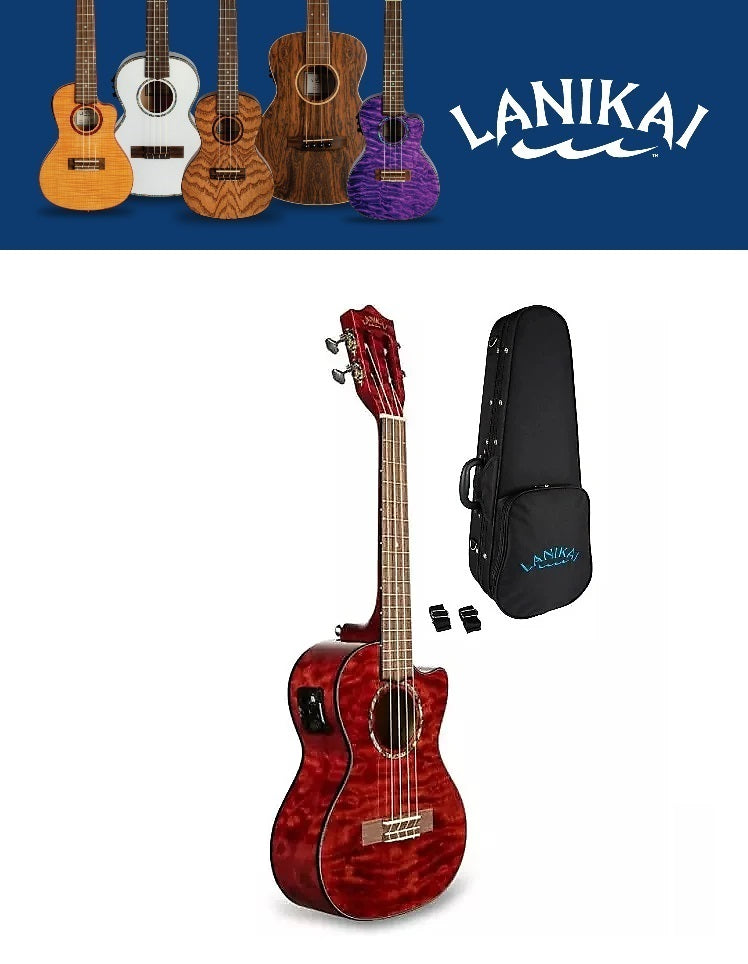 Lanikai Quilted Maple Red Stain Acoustic/Electric Tenor Ukulele | Free Case | NEW Authorized Dealer