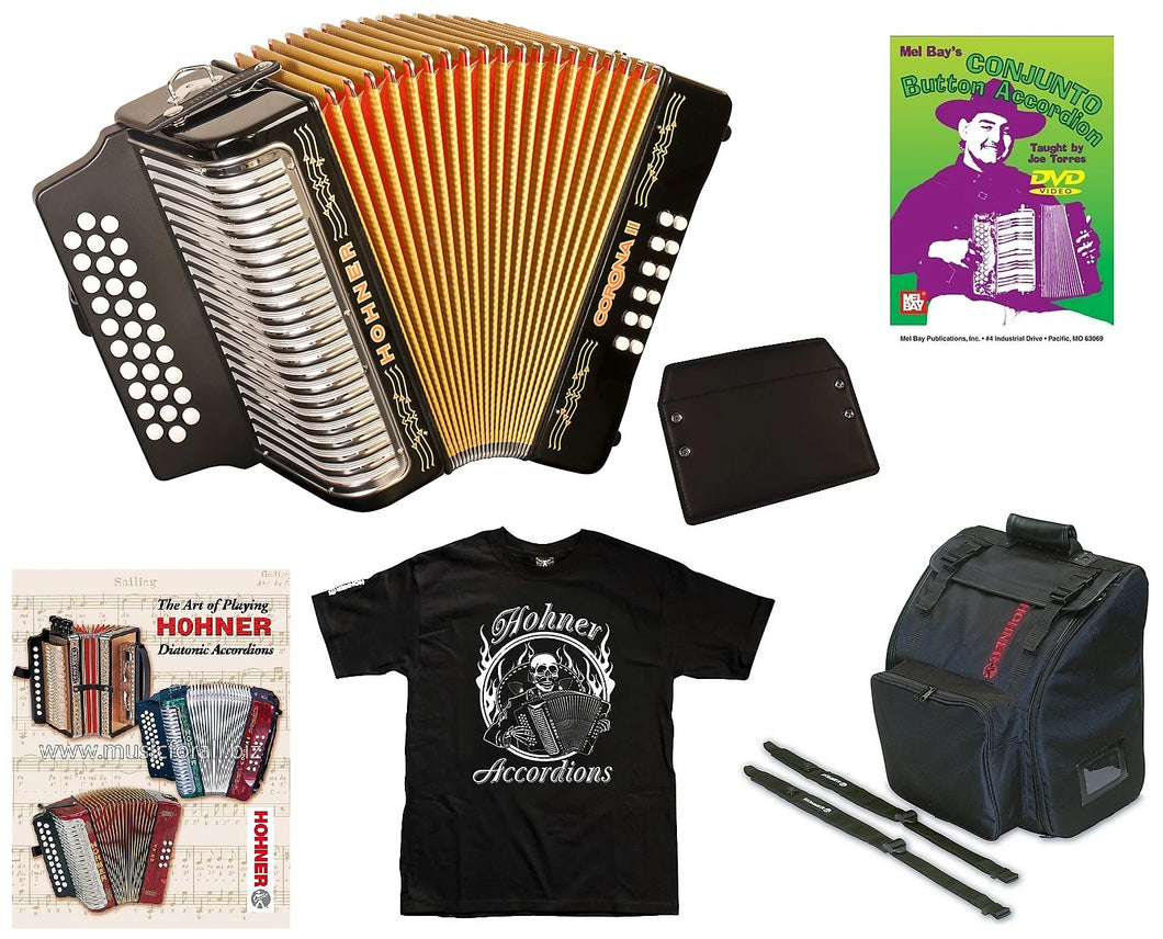 Hohner Corona II Black Negro GCF SOL Accordion Acordeon +Bag,Pad,Straps,DVD,TShirt Authorized Dealer