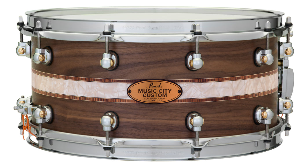 Pearl Music City Custom 14x6.5 Walnut Solid Shell Snare Drum Nashville Finish Kingwood Royal Inlay