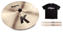 Load image into Gallery viewer, Zildjian 18&quot; K Crash Ride Traditional Finish Cymbal Bundle Pack +TShirt &amp; Sticks Authorized Dealer
